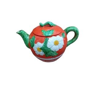 Vintage 1950's Japan Teapot Red White Embossed Floral Retro Kitchen Decor